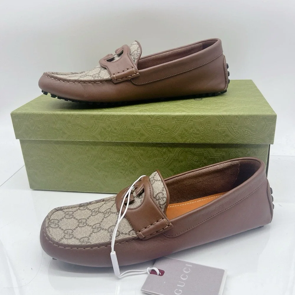 Gucci Supreme GG Interlocking Loafer Driving Shoes Mens Brown UK 8.5 US 9